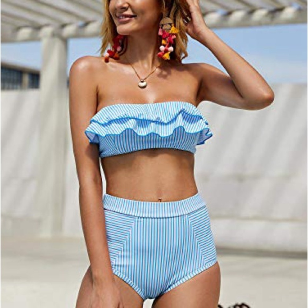 Seersucker Ruffle Bandeau Blue & White Striped Bikini Swimsuit - Picture 13 of 13